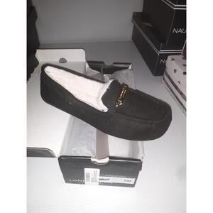 London Fog Lisa Women Faux Fur Lined Moccasin Slippers Sz US 8M Black Micro #00p